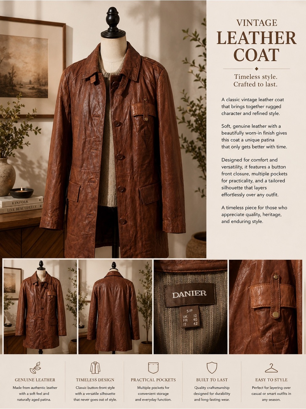 Danier Brown Leather Trench Coat
